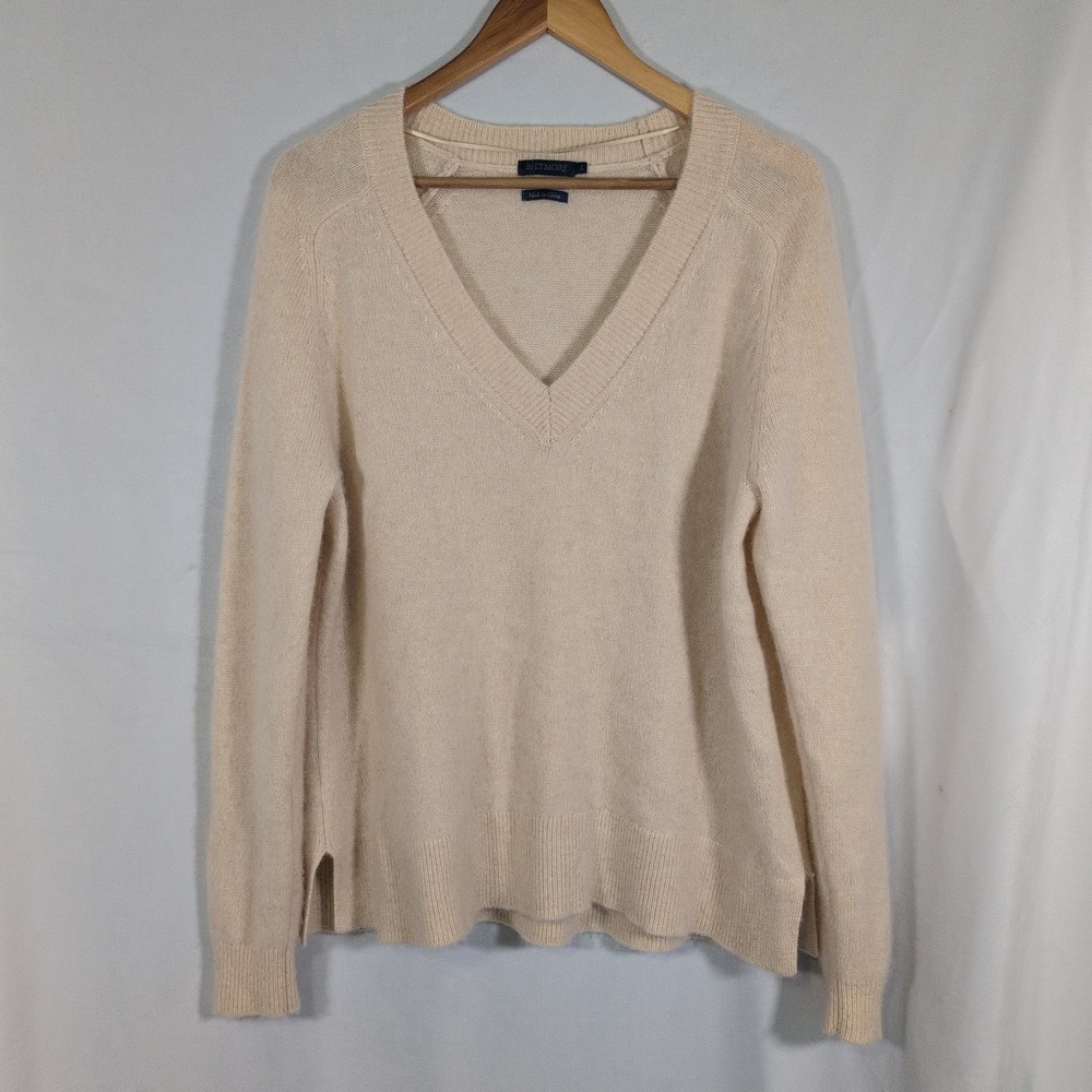 Biltmore 100% Cashmere V Neck Sweater Beige Women's Large Luxury Soft